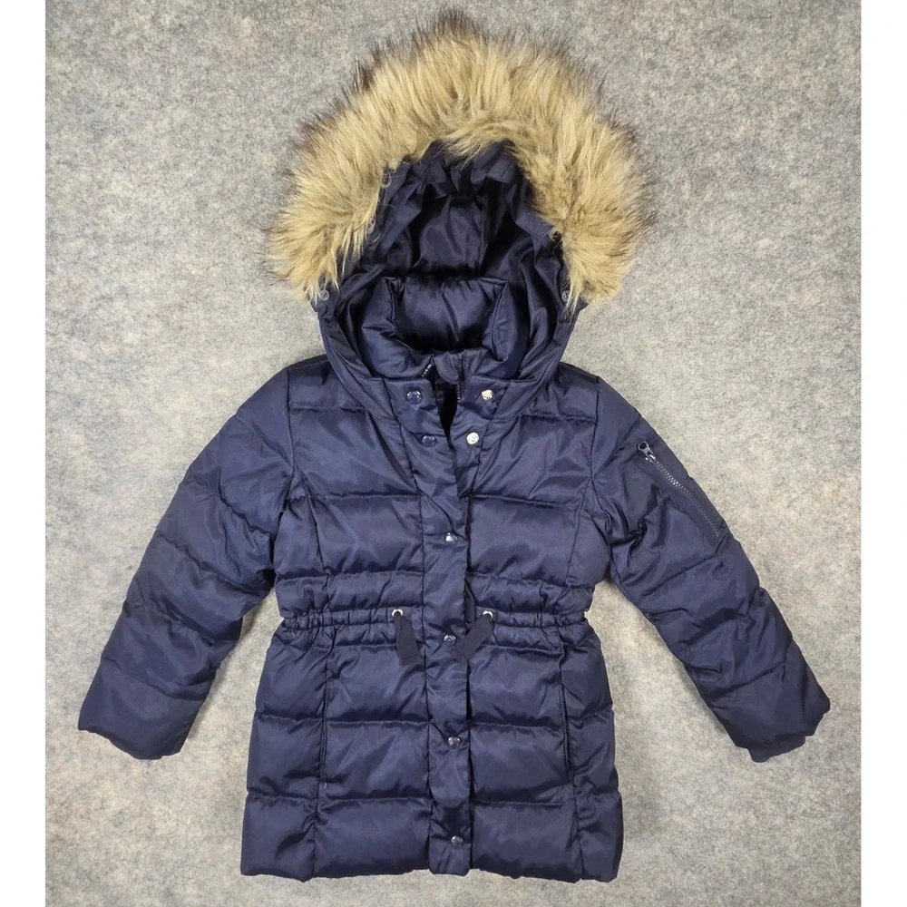 Gap Kids Girls Navy Blue Down Puffer Parka Faux Fur Hood Coat Size S 6-7